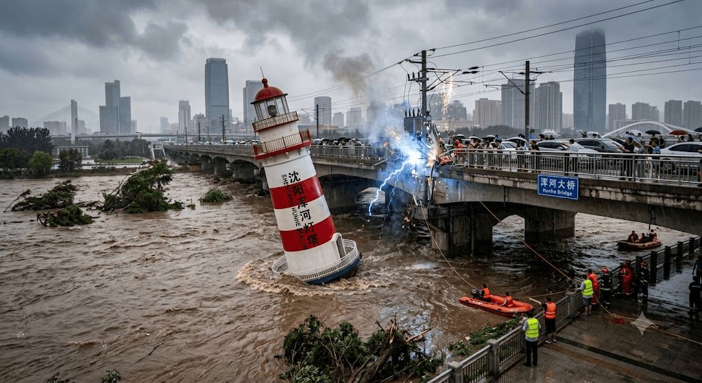 A Floating Beacon: Surreal Moment a Giant Lighthouse Drifts Down the Flooding Hunhe River