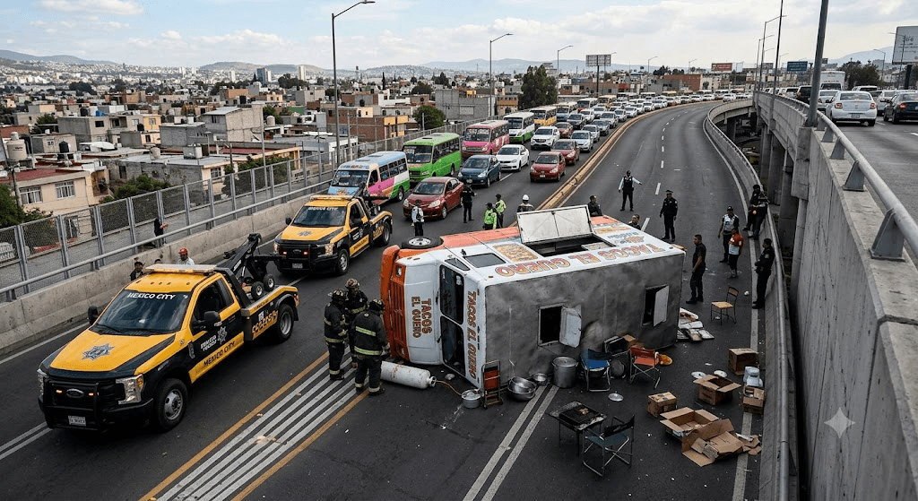 Chaos in Mexico City: Overturned Food Truck Shuts Down Major Overpass