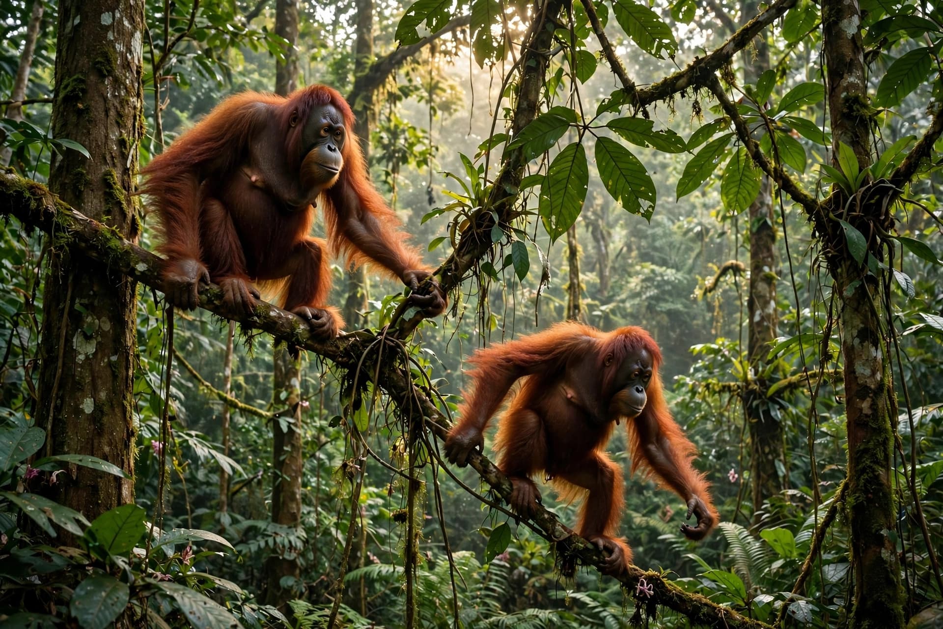 1\. Between Palm Groves and Forest Shadows: Two Orangutans Return to the Quiet Uncertainty of Wild Borneo