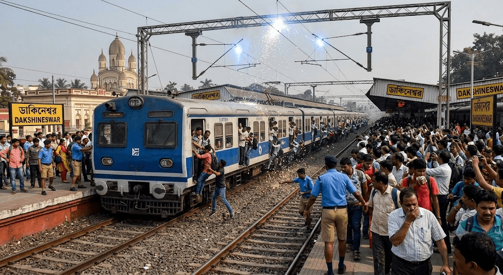 Chaos at Dakshineswar: Panic Erupts After Overhead Power Line Short Circuit Halts Kolkata Trains
