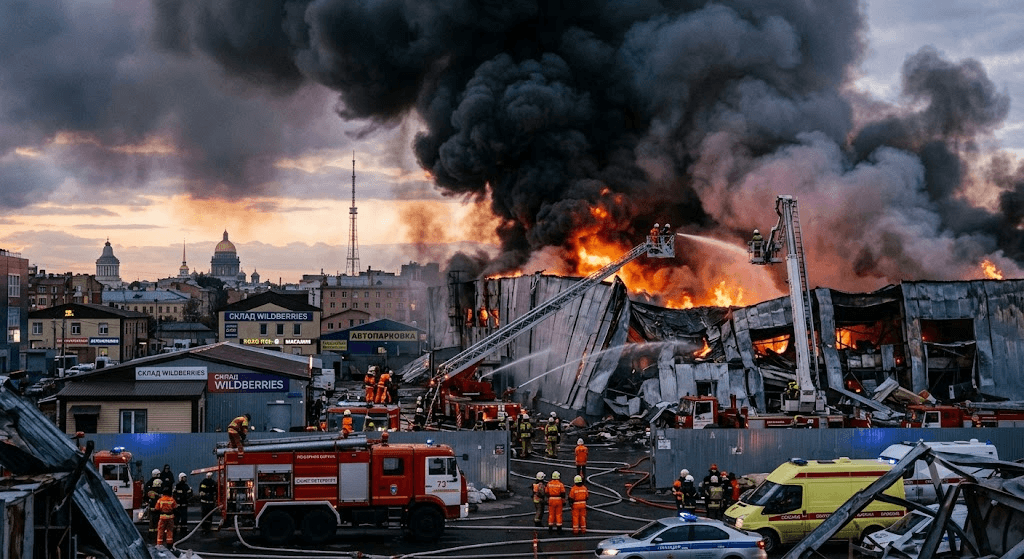Blaze in St. Petersburg: Major Fire Erupts Following Ukrainian Strike on Russian Warehouse