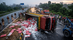 Cement Truck Flips on NH-27 in Early Morning Jagiroad Crash