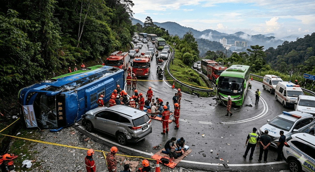Terror at the Resort: Two Tour Buses Collide and Overturn at Genting Highlands, Leaving At Least 7 Injured