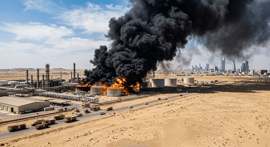 High Flames Near Riyadh After Houthis Claim Strike on Aramco Facility