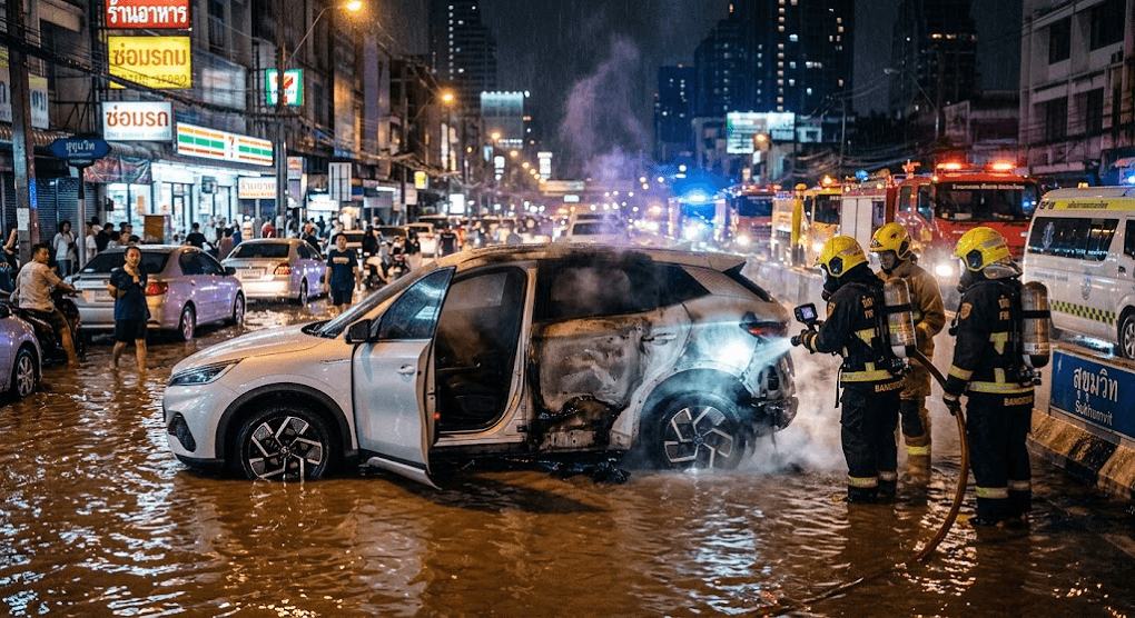 Spark to Flame: Abandoned EV Catches Fire on Flooded Bangkok Road