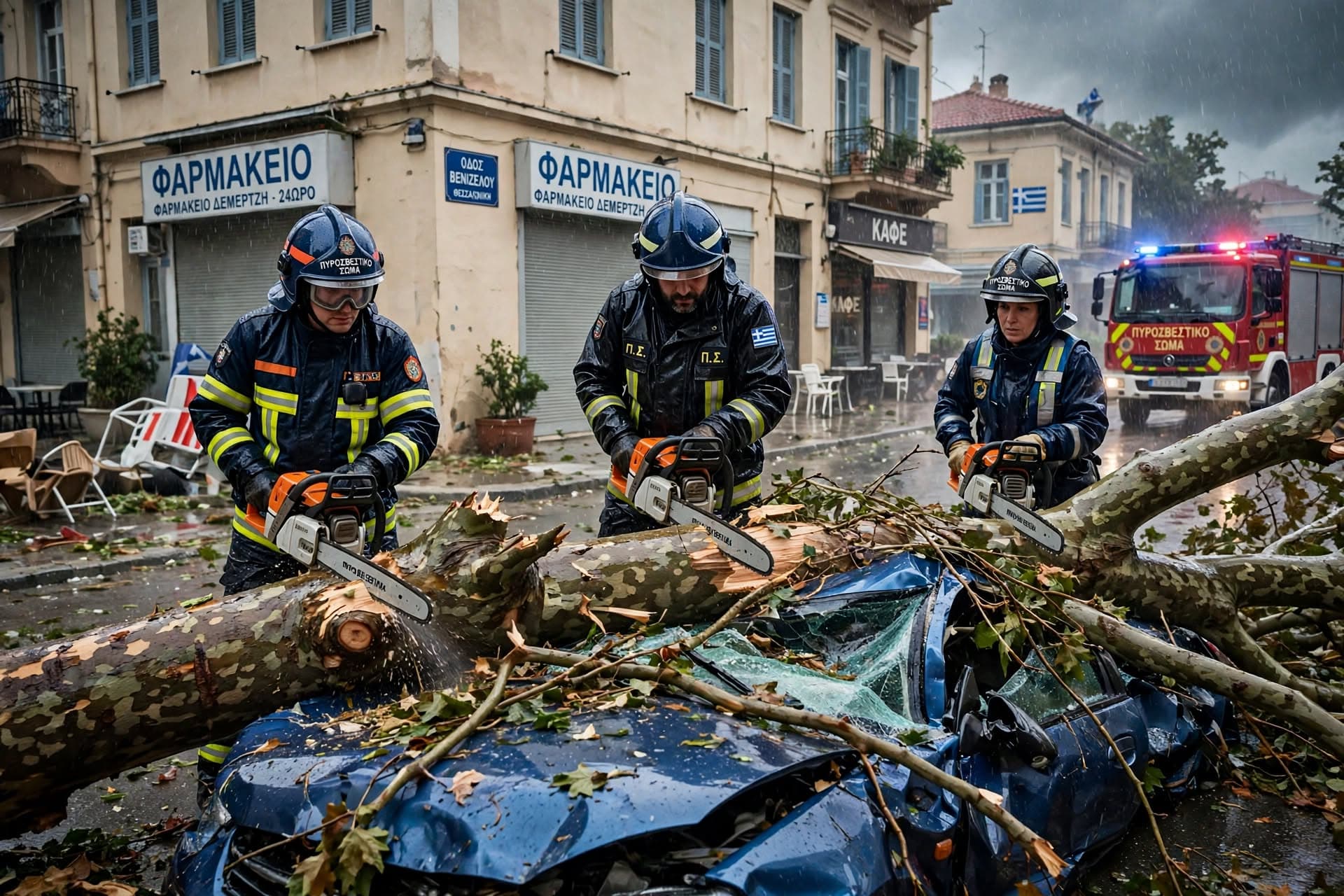 Tree Collapse In Thessaloniki During Storm, Driver Killed Inside Parked Vehicle, Winds Batter City
