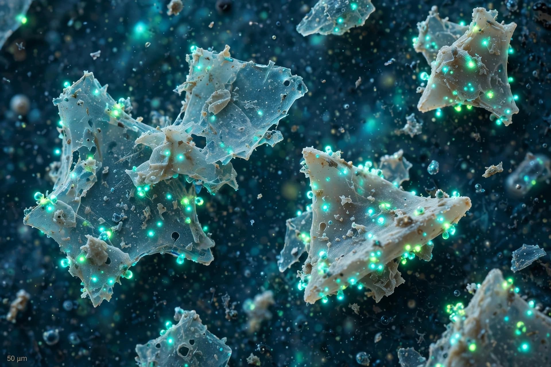 At the Surface of a Microplastic, Water Begins a Quiet Reaction