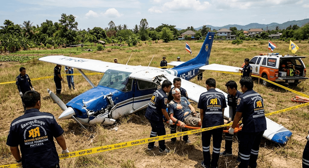 Thai-German Pilot Injured After Light Aircraft Crashes into Chon Buri Field