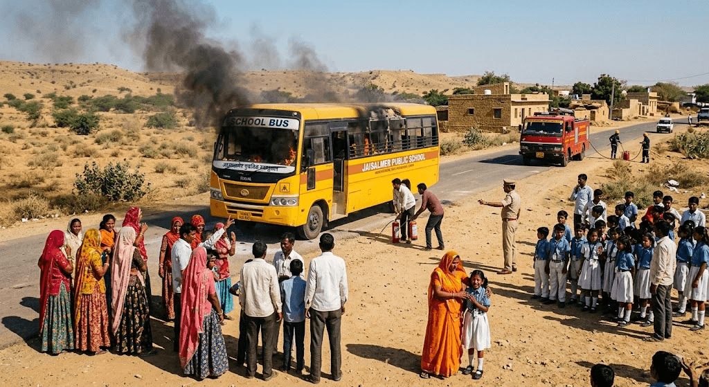Panic in Rajasthan: School Bus Carrying Children Catches Fire Near Jaisalmer
