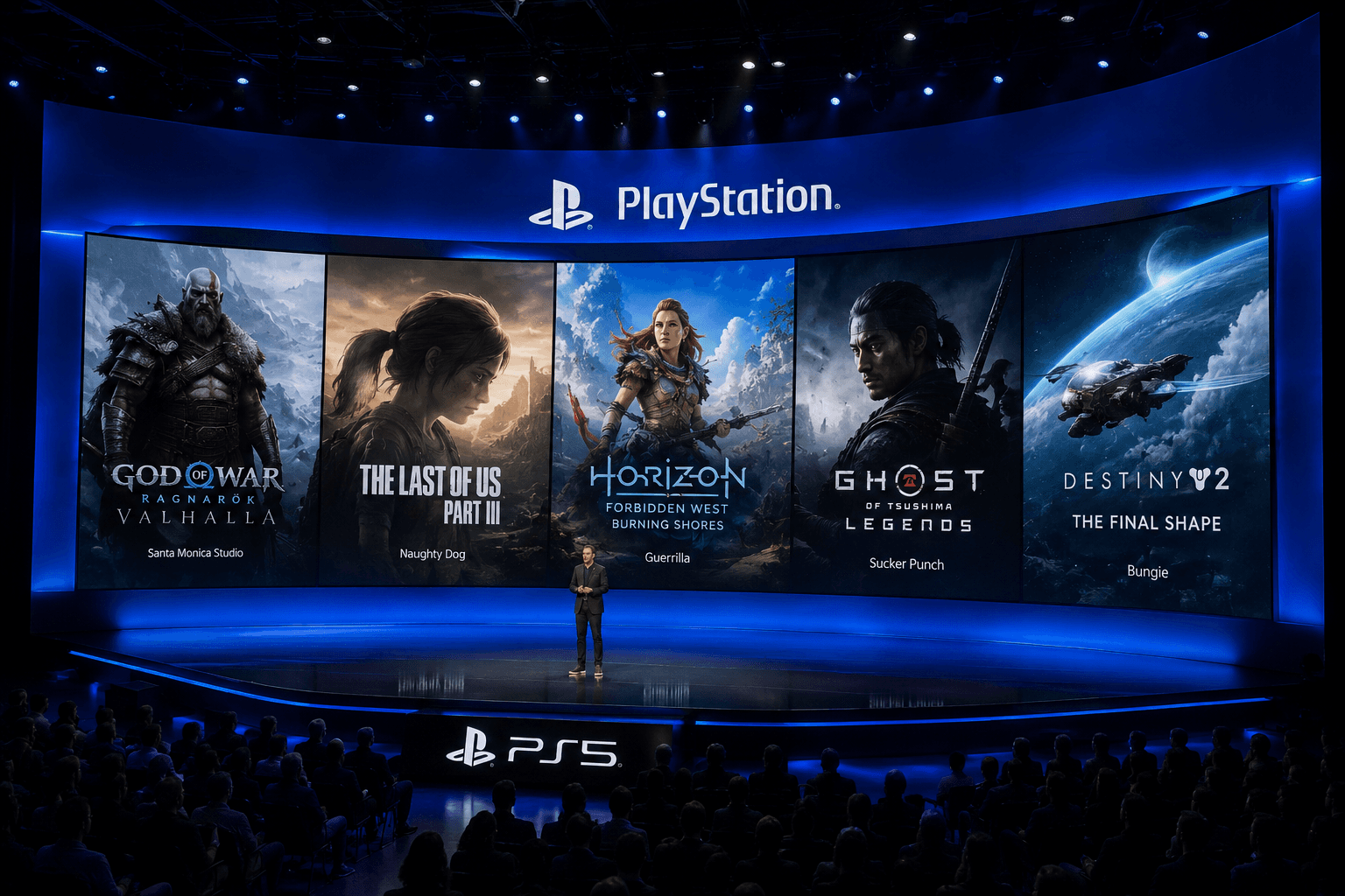 Gamers watching a live gaming presentation filled with trailers and announcements, cinematic realism, 1920x1280