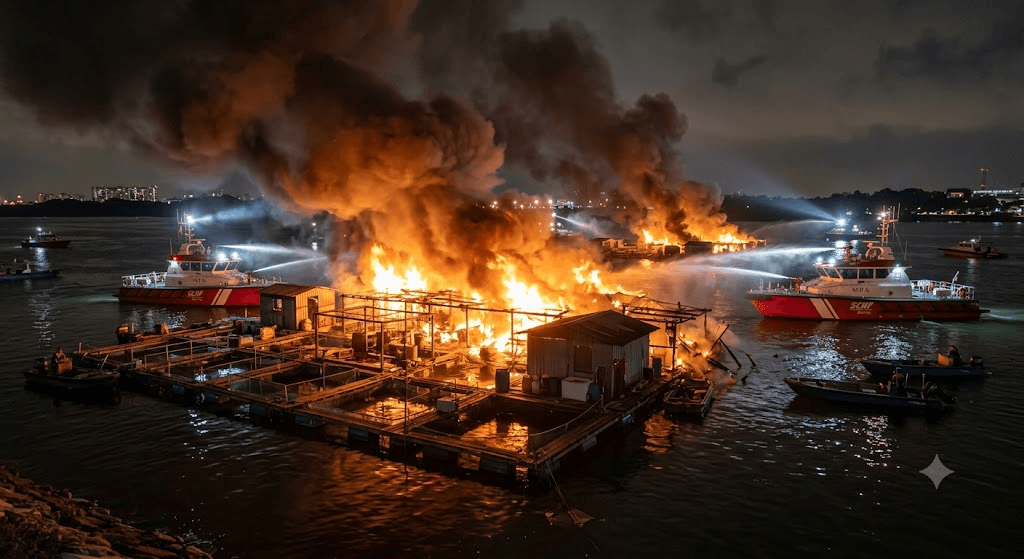 Blaze at Sea: Massive Fire Engulfs Fish Farm Off Lorong Halus Jetty