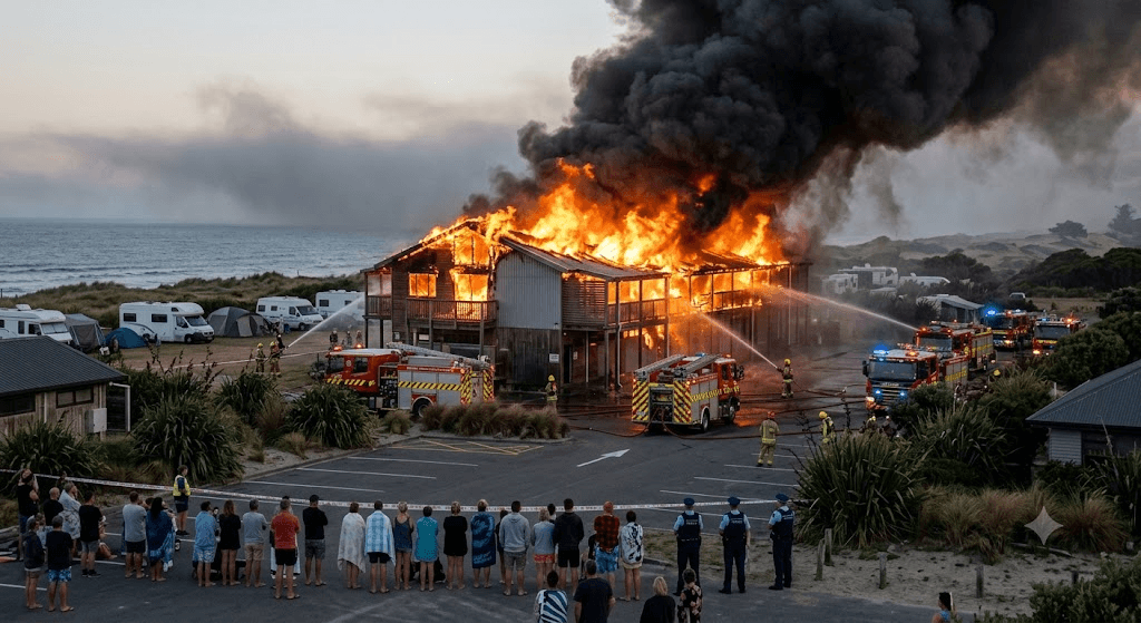 Inferno at the Beach: Massive Fire Engulfs Building at Popular Napier Holiday Park