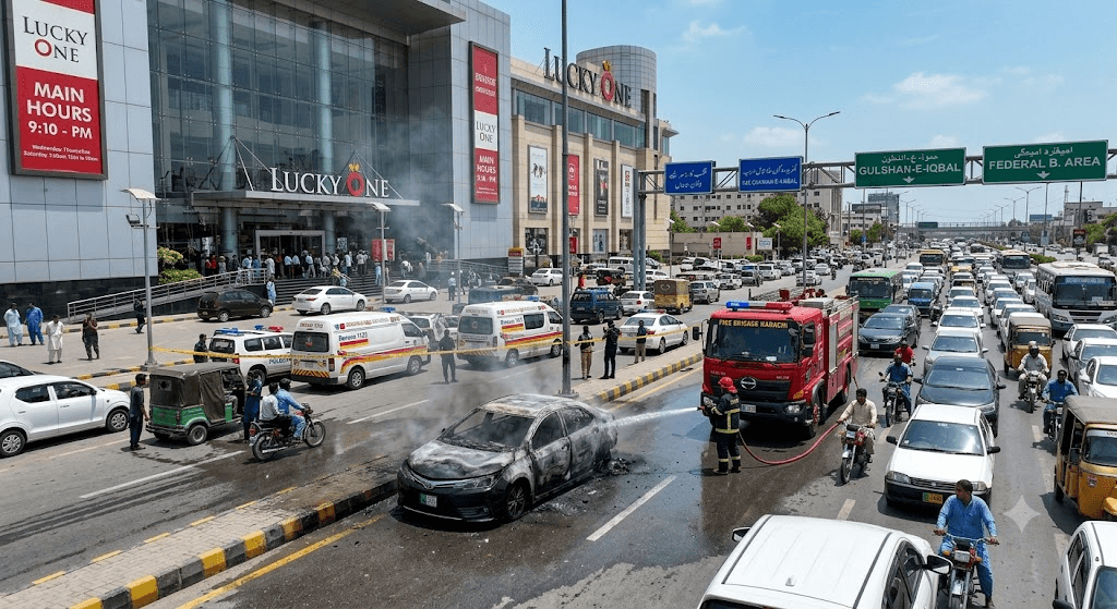 Fiery Commute: Car Erupts in Flames Near Lucky One Mall on Karachi’s Rashid Minhas Road
