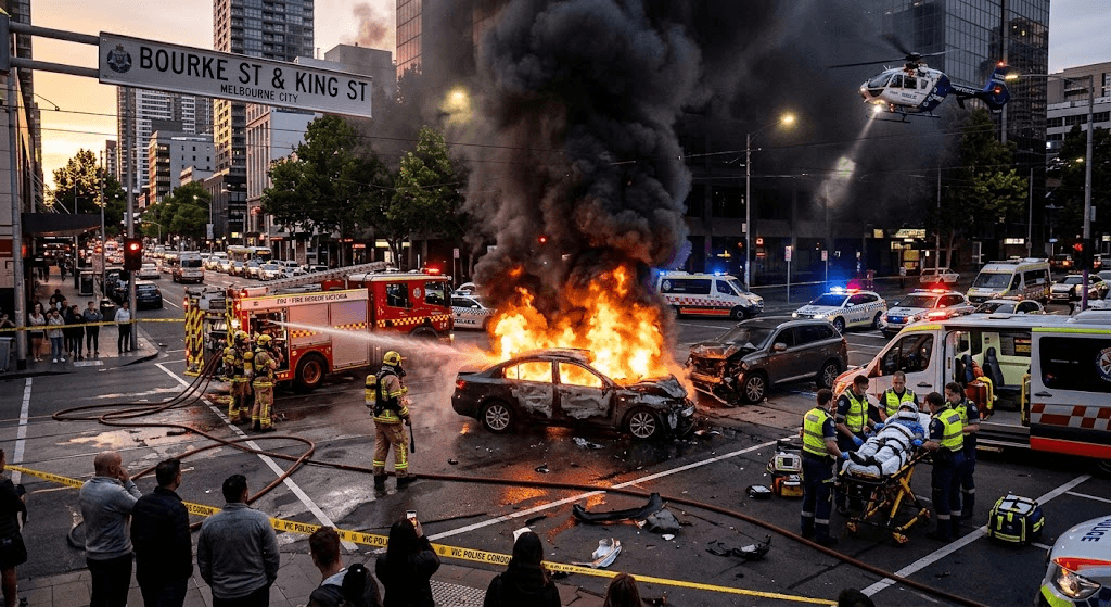 Carnage at Melbourne Intersection: Car Bursts into Flames, Driver Fighting for Life