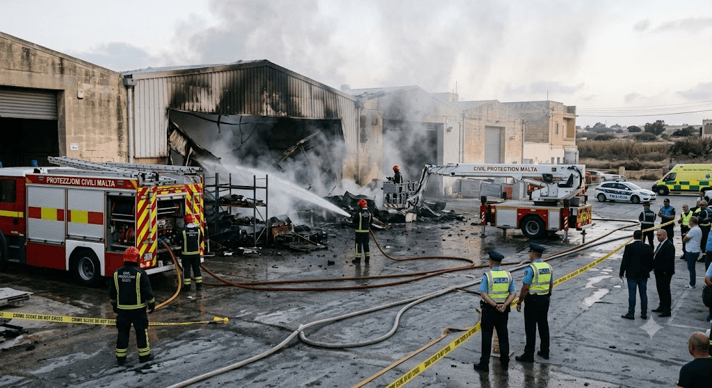 Inferno in Marsaskala: CPD Firefighters Deploy 30,000 Liters of Water to Battle Industrial Garage Blaze