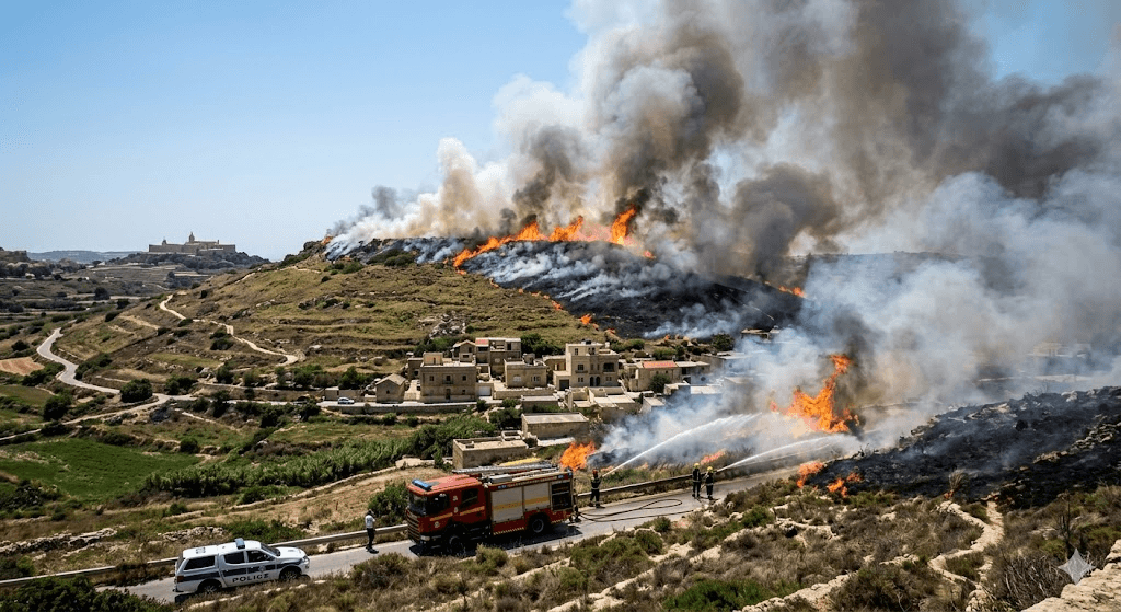 Inferno on the Hill: Massive Wildfire Erupts on Gozo’s Gelmus Hill