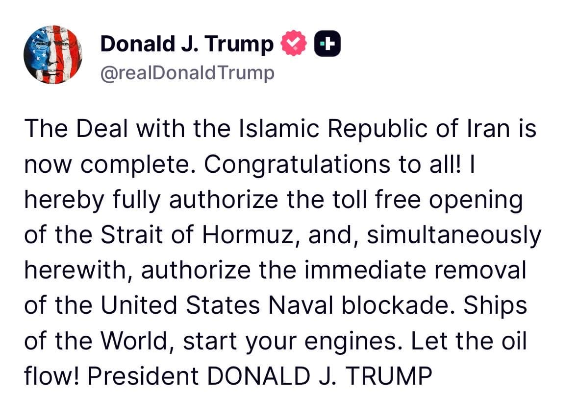 Trump Claims Iran Deal Complete, Announces Opening of Strait of Hormuz