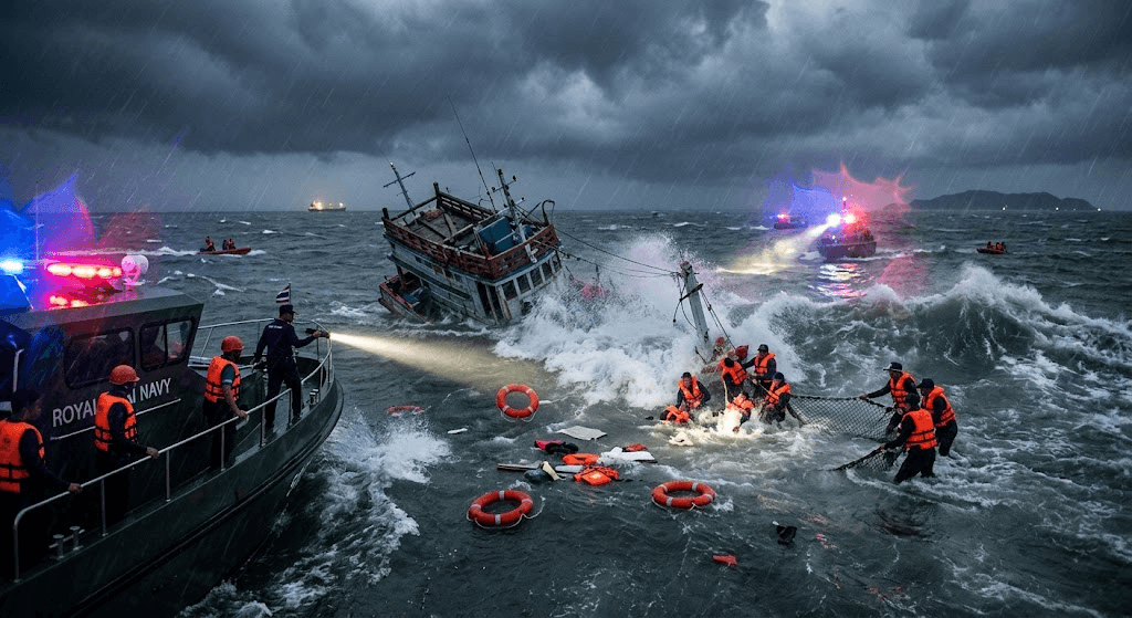 Tragedy Off Sattahip Coast: Fishing Boat Sinks in Rough Seas Near Samae San Channel