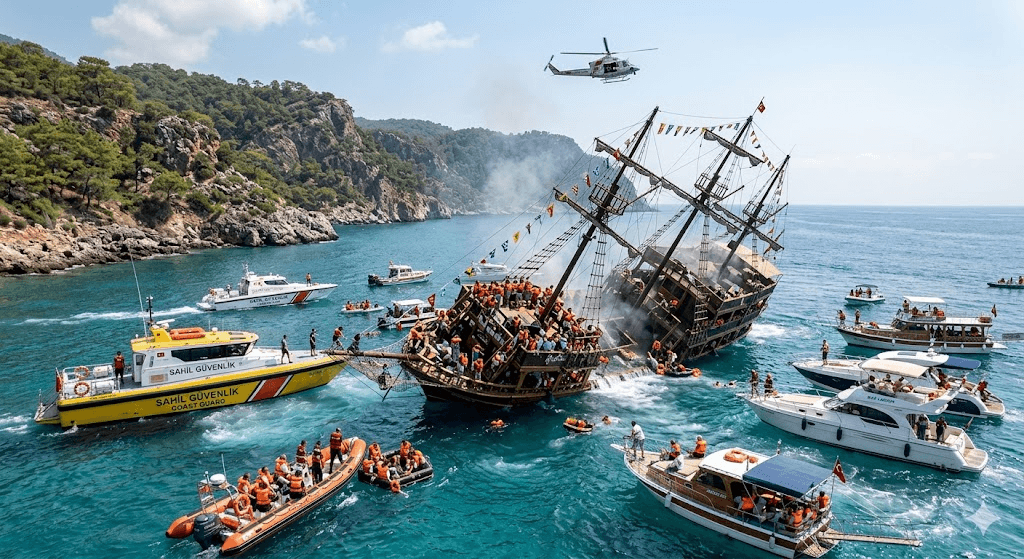 Disaster at Sea: Pirate-Themed Party Ship Sinks Near Paradise Island Along Mediterranean Coast
