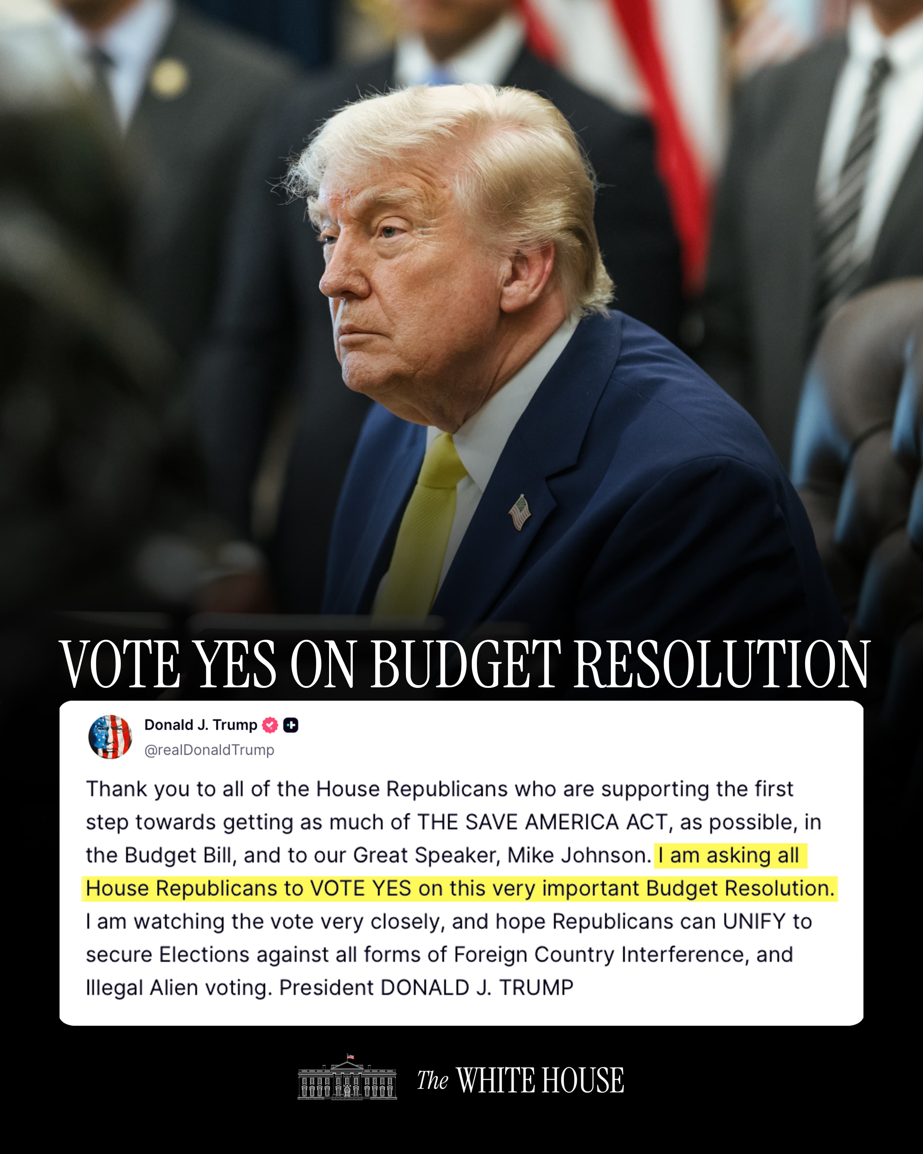 Trump Urges House Republicans to Unite Behind Budget Resolution