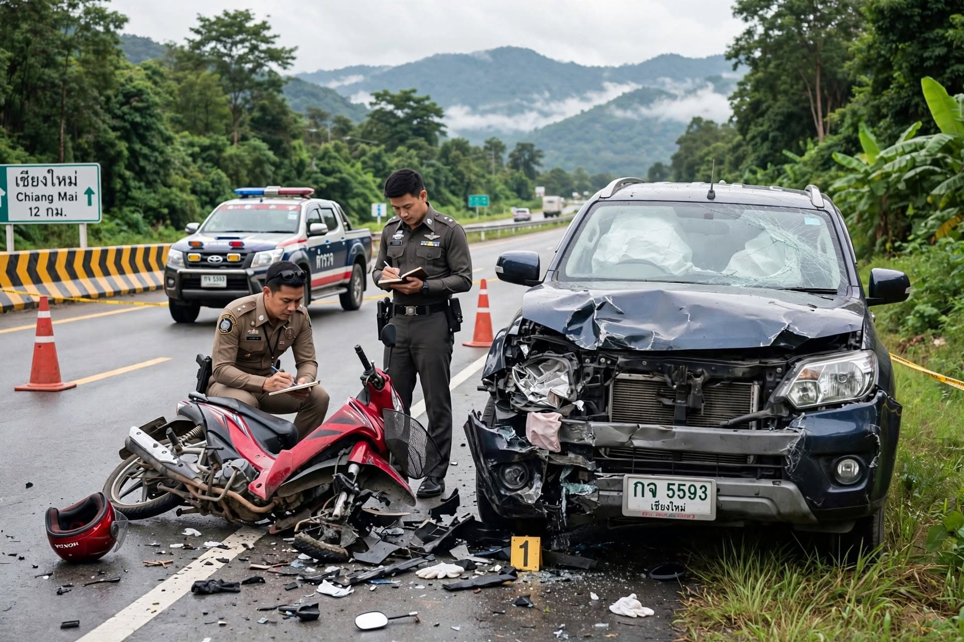 Chiang Mai Road Crash, Motorcycle Slams Into SUV, Rider Dead At Scene, Driver Questioned