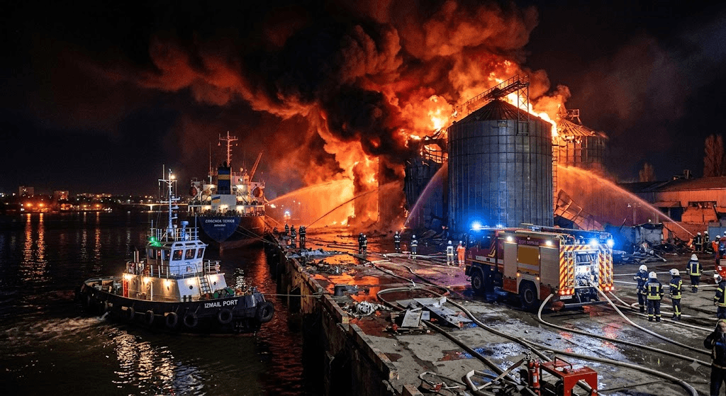 Inferno at the Docks: Russian Air Strikes Ignite Ukrainian Port