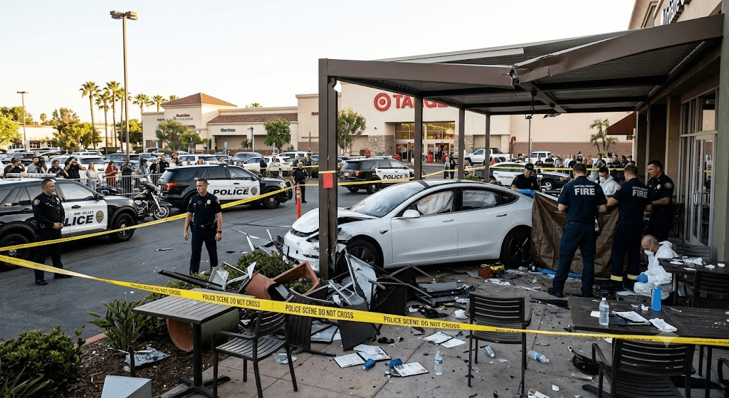 Tragedy in Simi Valley: One Dead, Five Injured After Tesla Plows Into Cafe Patio