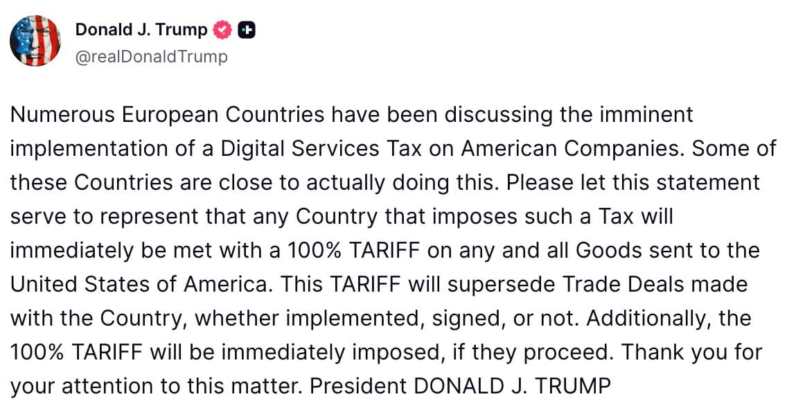 Trump threatens 100% tariffs over digital services taxes