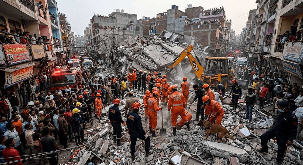 Five-Storey Building Collapses in Delhi’s New Seemapuri; Several Feared Trapped Under Debris