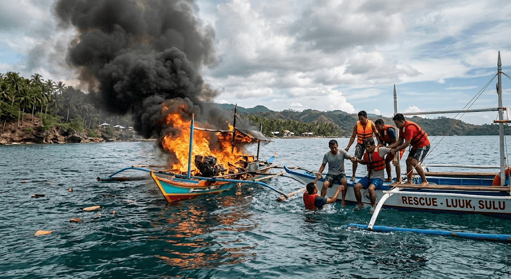 Blaze at Sea: 3 Fishermen Rescued After Motorbanca Catches Fire Off Sulu Coast