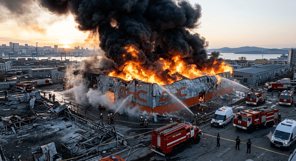 Massive Inferno: 5,000-Square-Meter DNS Warehouse Engulfed in Flames in Vladivostok