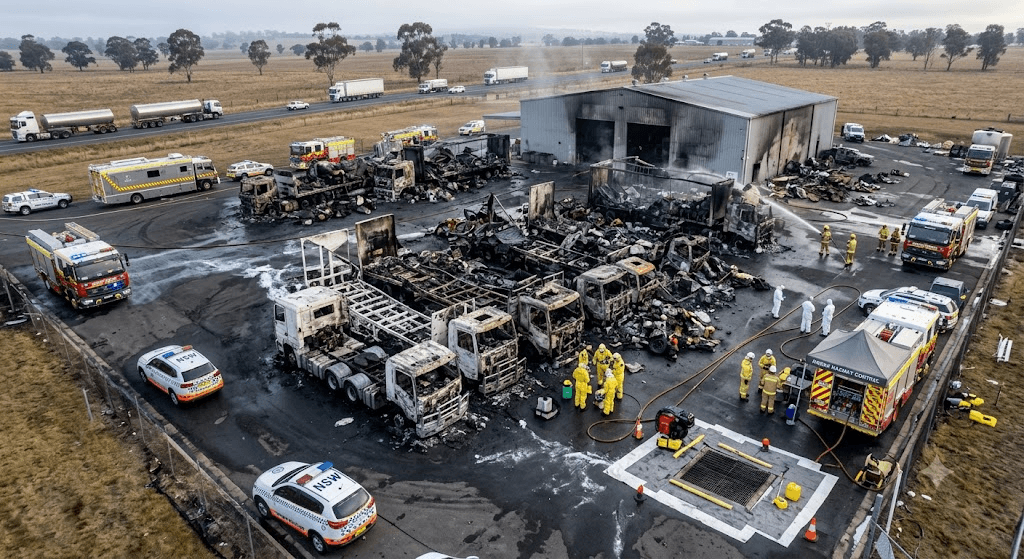 Inferno on the Hume: Seven Trucks Destroyed in Massive Transport Depot Fire Near Goulburn