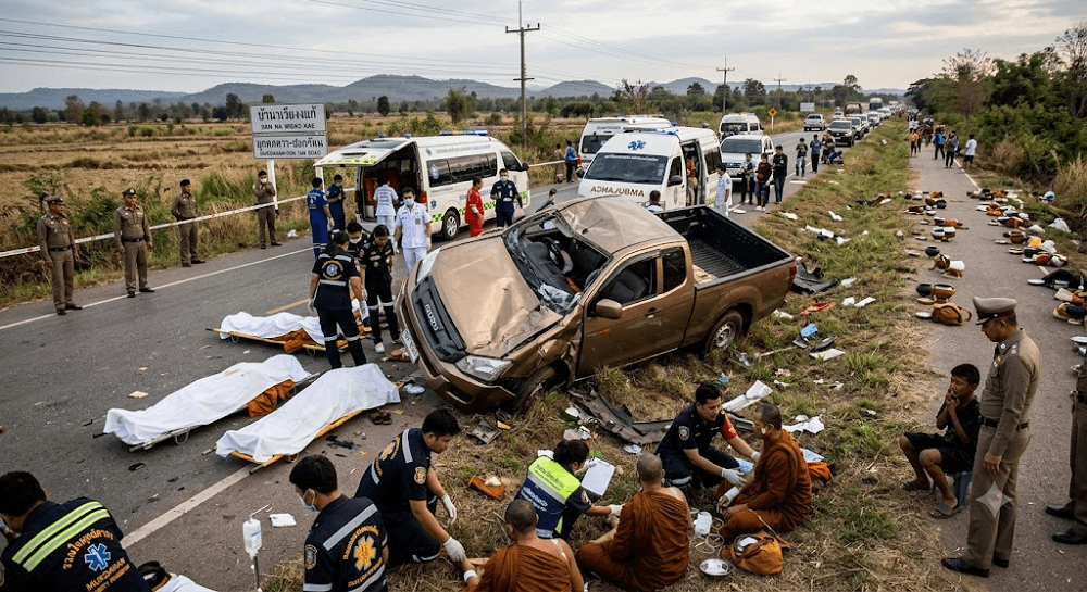 Tragedy in Mukdahan: 8 Monks Dead After Pickup Truck Overturns into Tudong Pilgrimage