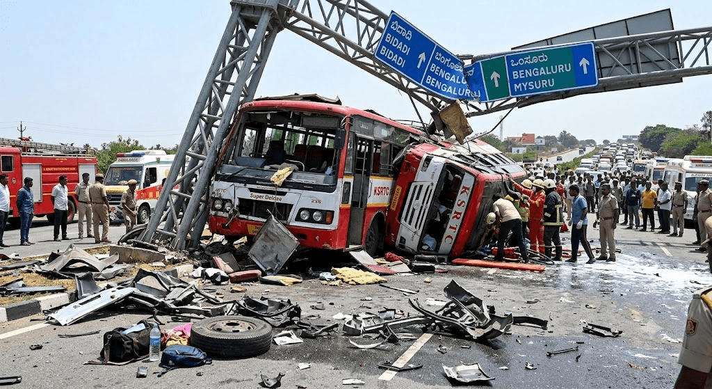 Highway Disaster: Speeding KSRTC Bus Crashes into Highway Gantry Near Bidadi