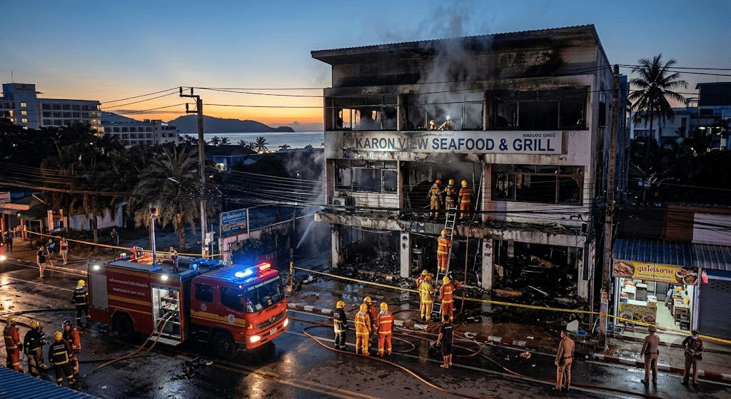 Phuket Inferno: Firefighters Contain Early Morning Blaze at Three-Storey Karon Restaurant