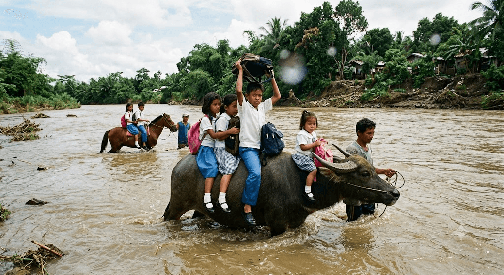 The Dangerous Trek to Class: Alamada Students Carried Across Swelling River by Work Animals