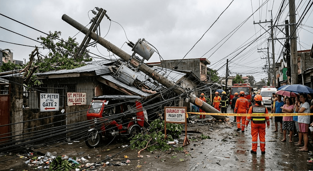 High Winds Topple Power Pole onto Pasay City Home, Triggering Outages