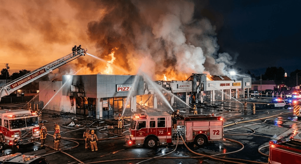San Bernardino Strip Mall Engulfed in Massive Fire; Emergency Crews Battle Fierce Blaze