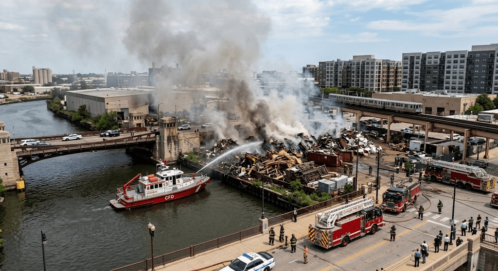 Fire Breaks Out Near North Avenue Bridge Over the Chicago River