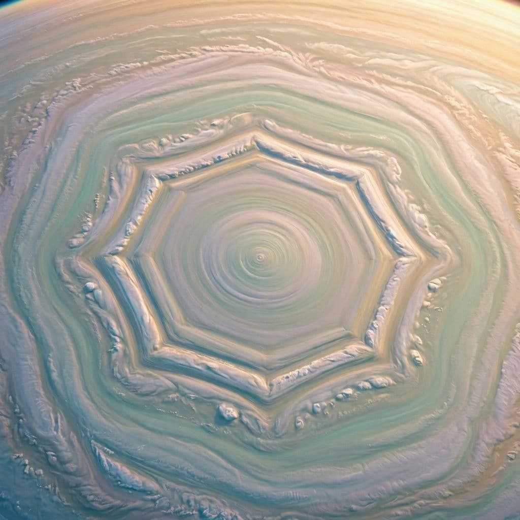 A decagon emerges from Saturn’s southern shadows
