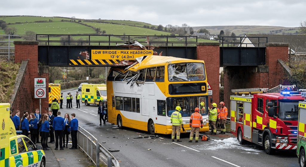 Three Children Hospitalized After Bus Crashes into Low Bridge in Gwent, Wales