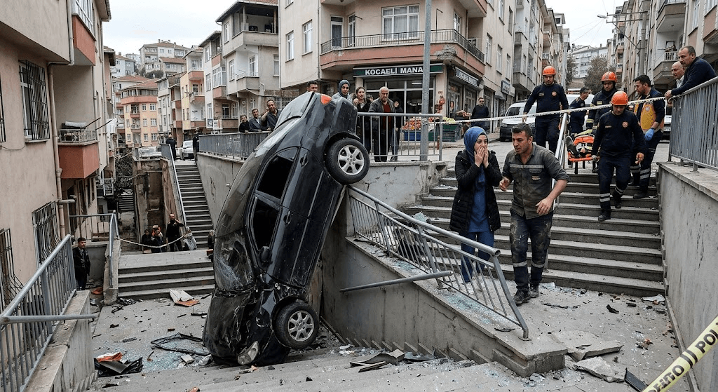 Terrifying Plunge: Vehicle Crashes Down Stairwell in Kocaeli, Pedestrians Narrowly Escape