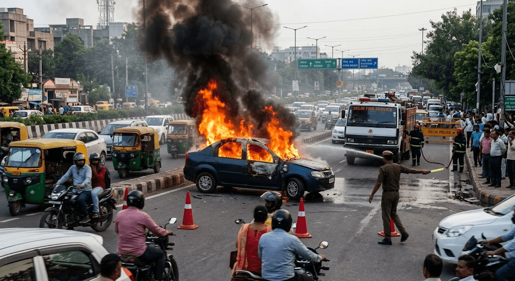 Narrow Escape in Capital: Major Disaster Averted as Moving Vehicle Bursts into Flames on Busy Road