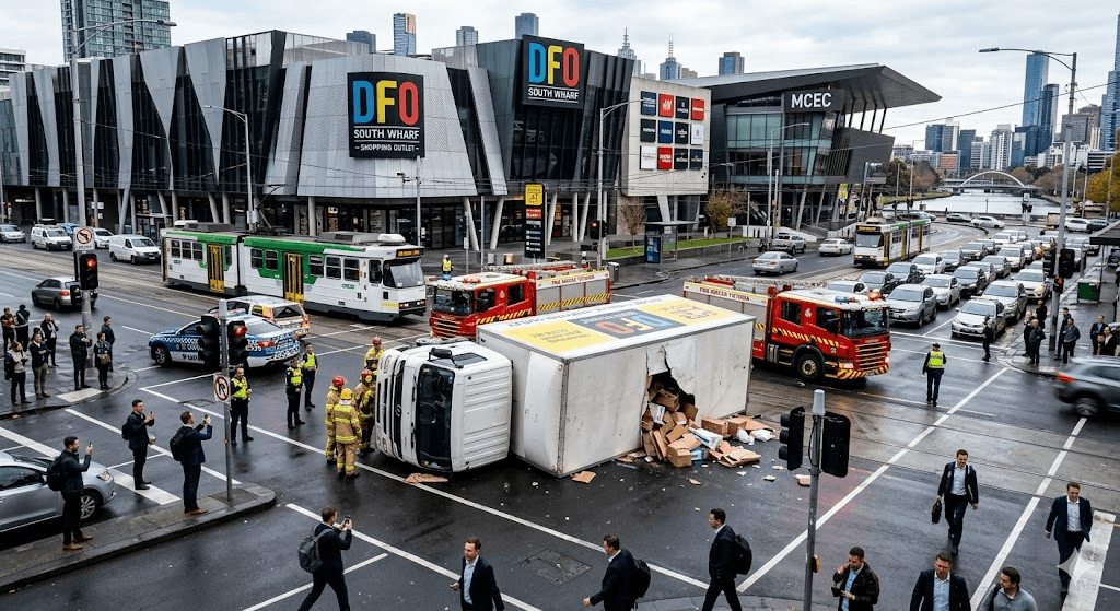 Commuter Chaos: Rolled Truck Shuts Down Major Melbourne Intersection Near DFO South Wharf