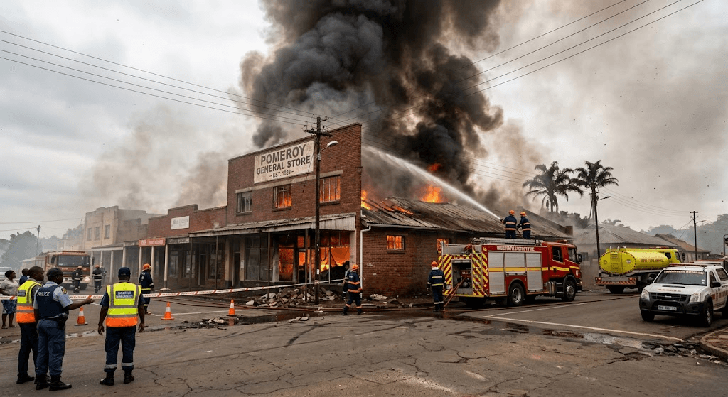 CBD Inferno: Emergency Response Teams Mobilized as Fire Sweeps Through Pomeroy Business District