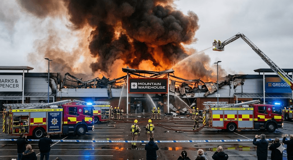 Inferno at UK Shopping Centre: Roof Collapses as Massive Fire Rages