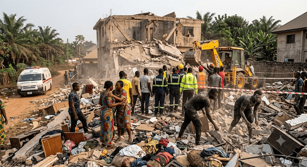 Tragic Building Collapse: Two Dead, Three Injured as Three-Story Hostel Crumbles in Anambra