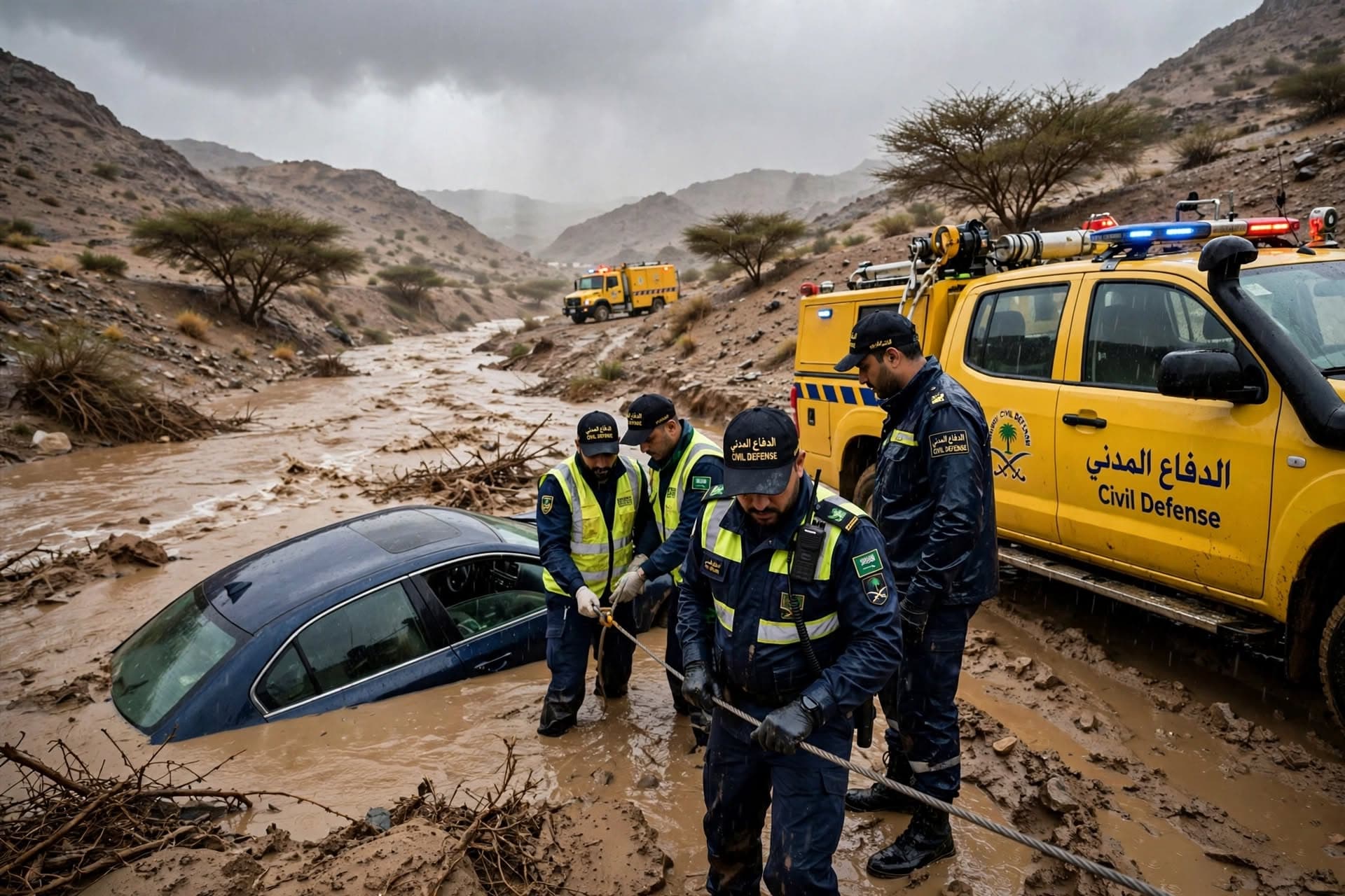 Flash Flood Sweeps Away Vehicle In Wadi Leaving One Person Dead, Civil Defense Responds Near Mecca