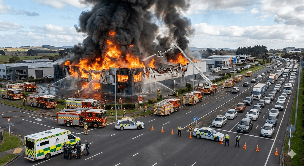 Traffic Gridlock: Major Building Fire in Te Hana Shuts Down State Highway 1