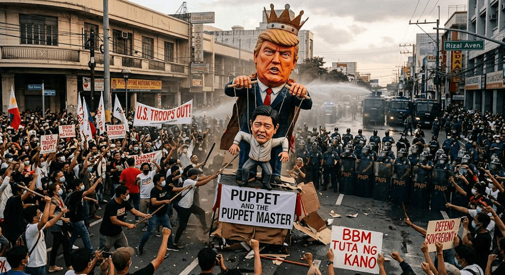 'Puppet and Puppet Master': Protesters Destroy 10-Foot Effigy of Marcos and Trump in Manila